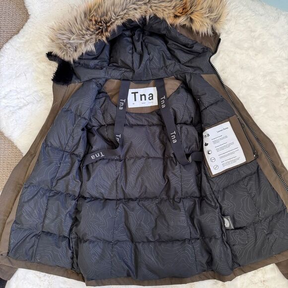 Aritzia TNA Goose Down Waterproof Windproof Fur Hood Jacket XS - Olive Brown - Picture 5 of 8